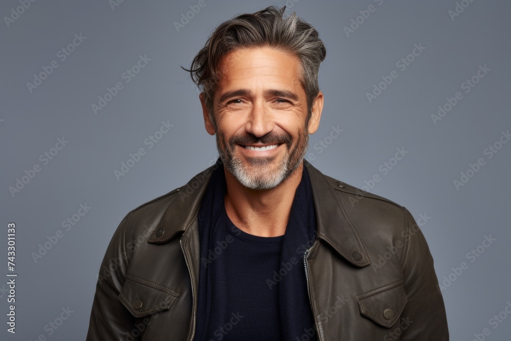 Handsome middle-aged man in a leather jacket on a gray background. Handsome middle-aged man in a leather jacket on a gray background.