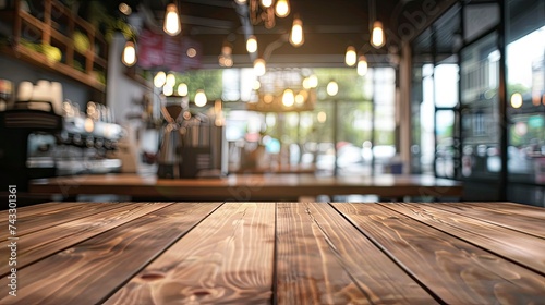 Empty beautiful wood table top counter and blur bokeh modern coffee interior background in clean and bright,Banner, Ready for product montage - generative ai