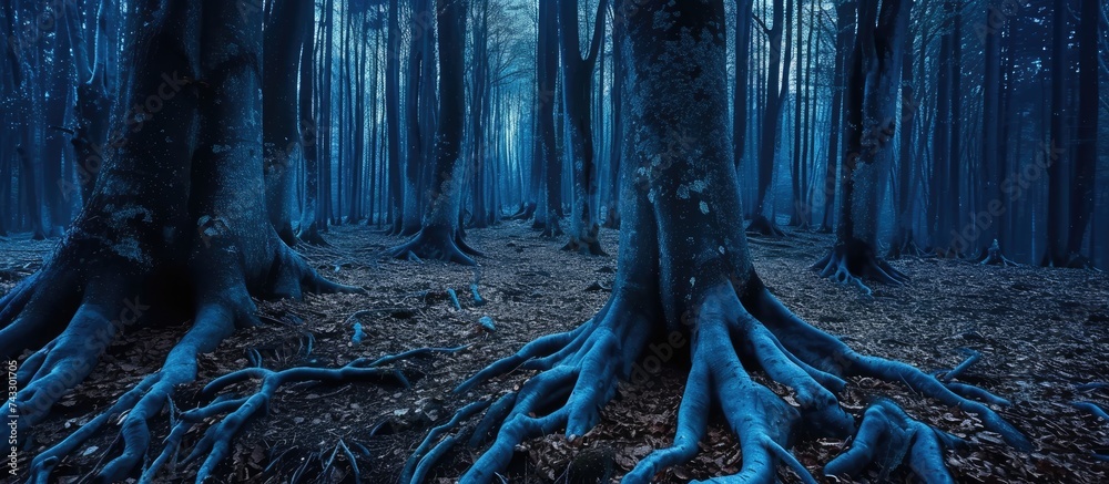 The image showcases a dense and vibrant blue forest filled with a multitude of towering trees. The ancient tree trunks create a captivating sight in the dark twilight, making it an inspiring The image showcases a dense and vibrant blue forest filled with a multitude of towering trees. The ancient tree trunks create a captivating sight in the dark twilight, making it an inspiring
