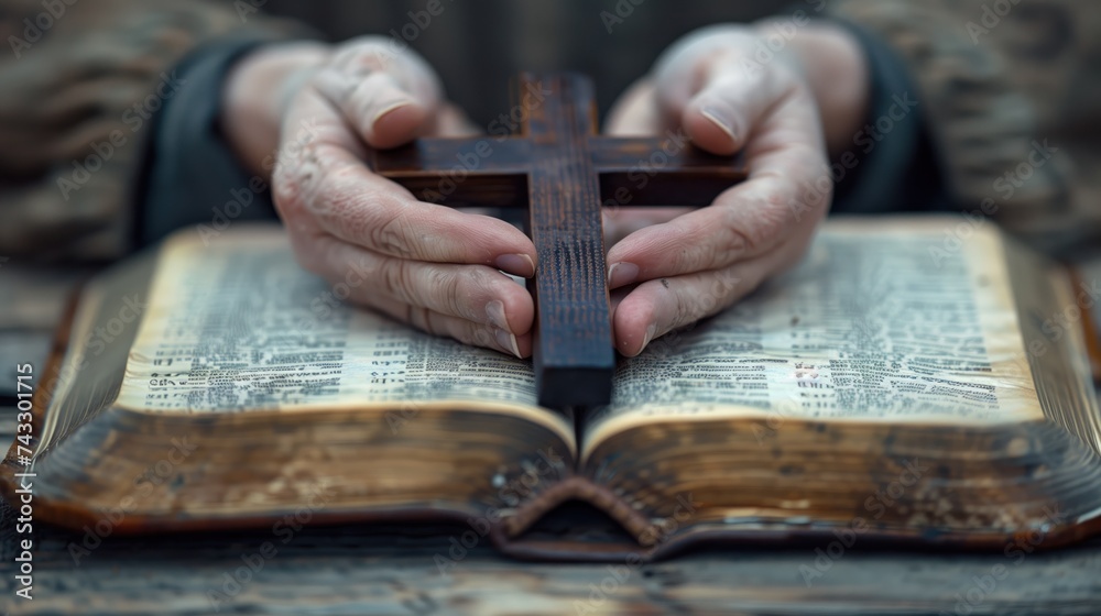 Hands Holding a Crucifix over Bible, Concept of Faith and Spirituality in Religion