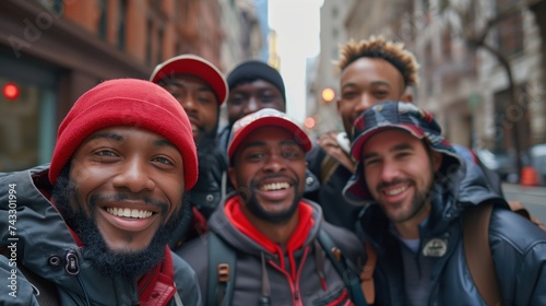 Group of Joyful Friends Sharing Selfie in City, Concept of Friendship and Urban Leisure Time