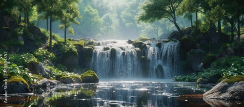 A painting depicting a powerful waterfall cascading down rocks in the midst of a dense forest. The water crashes against the rocks, creating a mist that adds to the lush greenery surrounding the scene