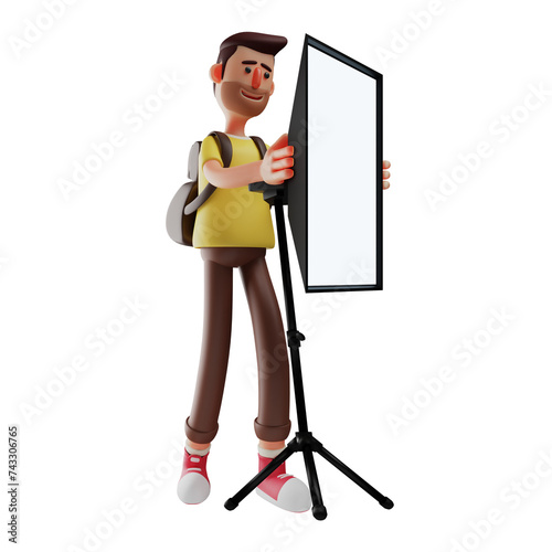   3D illustration. 3D photographer adorable cartoon character holding lighting. has a cute thin mustache. showing cool poses. 3D Cartoon Character