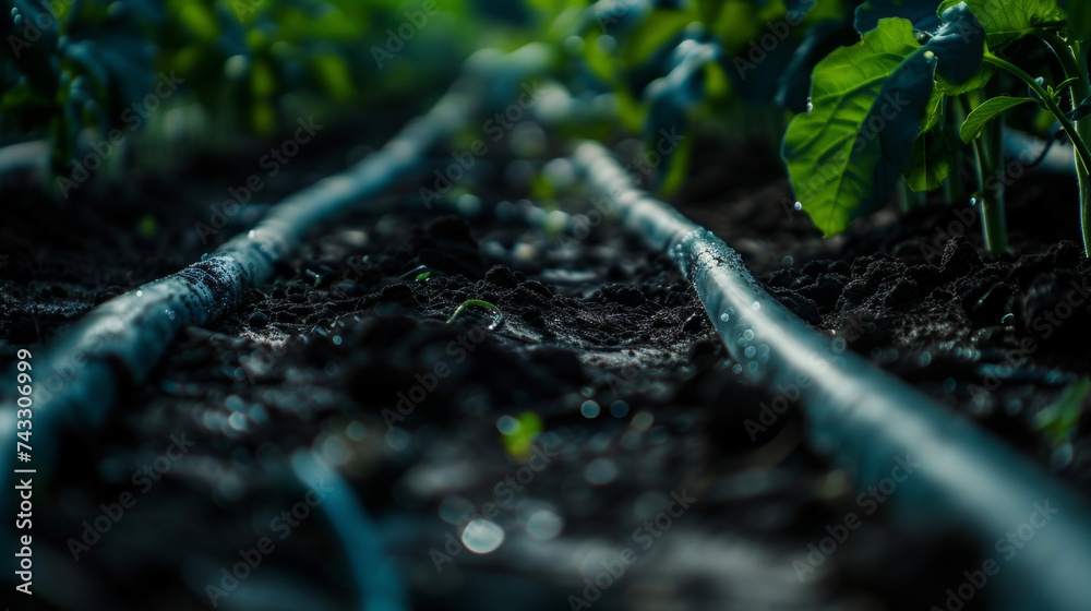 A macro view of the drip irrigation systems tubing carefully laid out in rows alongside vegetable beds. The dark soil contrasts with the bright tubing demonstrating the organized A macro view of the drip irrigation systems tubing carefully laid out in rows alongside vegetable beds. The dark soil contrasts with the bright tubing demonstrating the organized