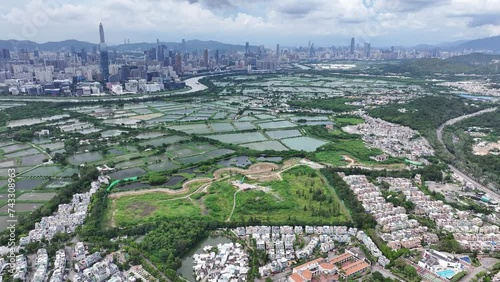 Marshes Nature Reserve wetland Countryside in New Territories Hong Kong Northern Metropolis Development, Drone Aerial Skyview of Fish Pond in Nam Sang Wai San Tin Ngau Tam Mei Mai Po Lok Ma Chau Yuen  photo