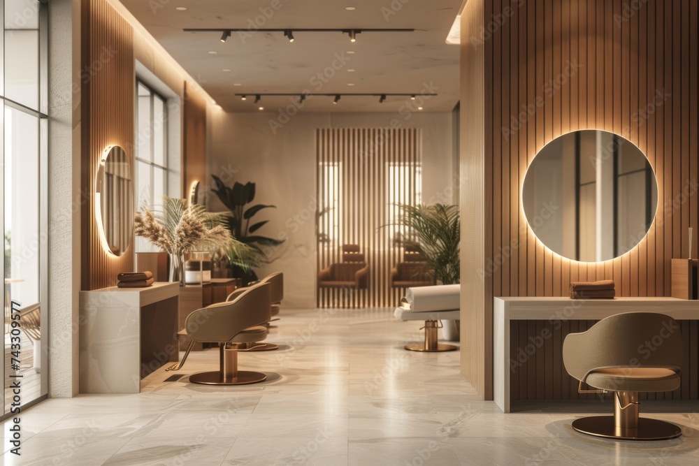 © InfiniteStudio - Hair salon interior with mirrors and wooden elements © InfiniteStudio - Hair salon interior with mirrors and wooden elements