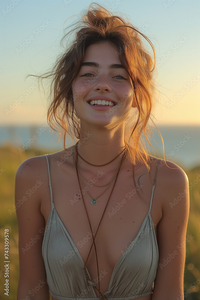 Redhead woman smiling and happy in the summer, carefree lifestyle Redhead woman smiling and happy in the summer, carefree lifestyle