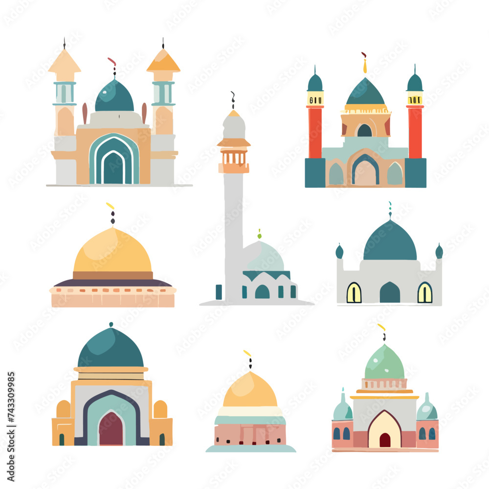 mosque variation collection set. Masjid flat design for muslim ramadan karem or Eid Mubarak design. isolated middle east islam prayer place vector illustration