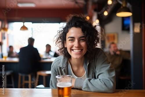 Portrait of happy young woman drinking beer at bar counter in pub