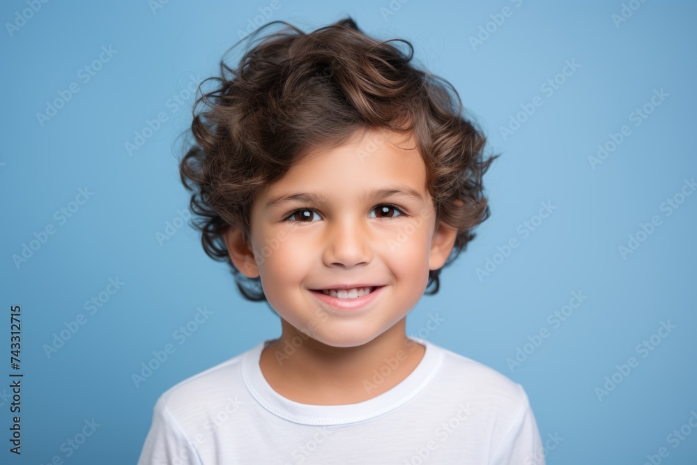 Portrait of a cute little boy with curly hair on blue background Portrait of a cute little boy with curly hair on blue background