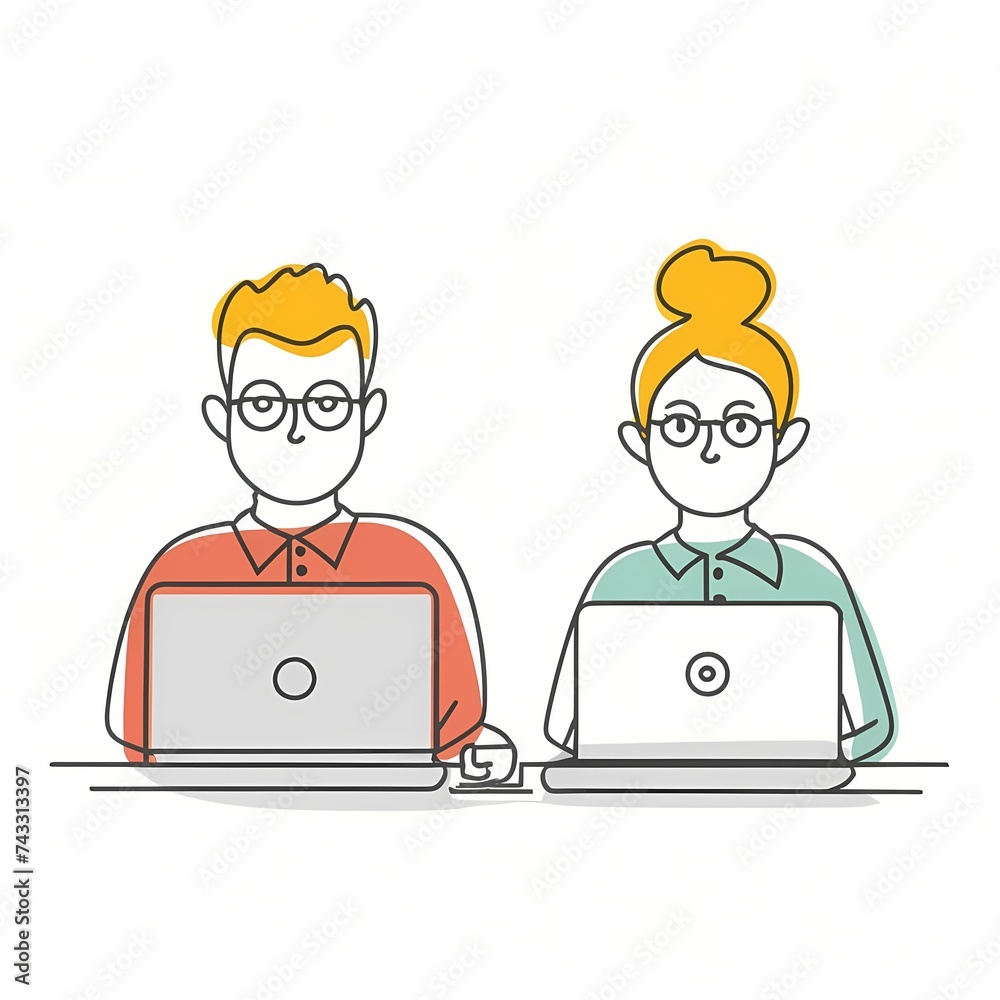 minimalist line art drawing colored man and woman sitting on the ground with laptops, back to back. White background.