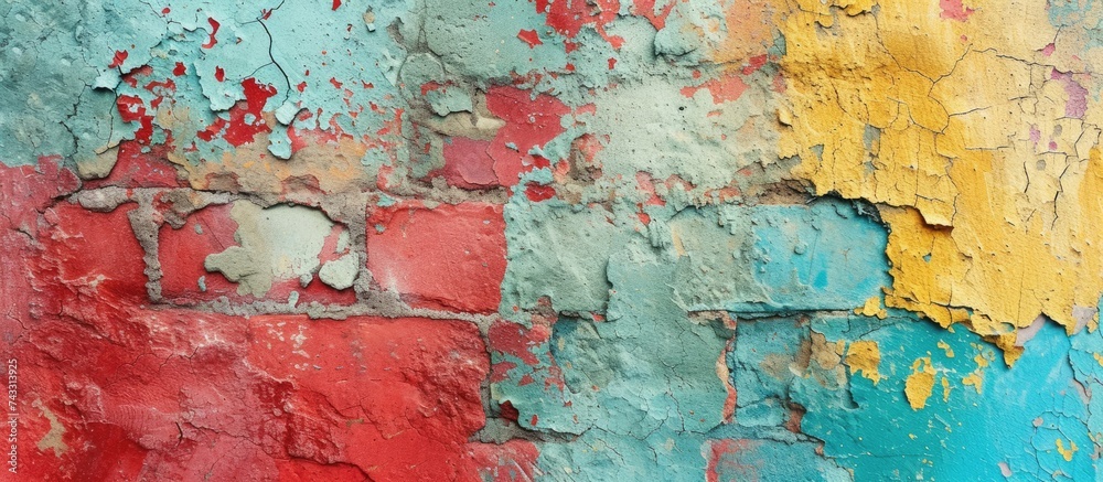 This close-up view captures the intricate textures of peeling paint on a weathered wall. The paint is cracked and chipping, revealing layers of colorful grunge underneath.