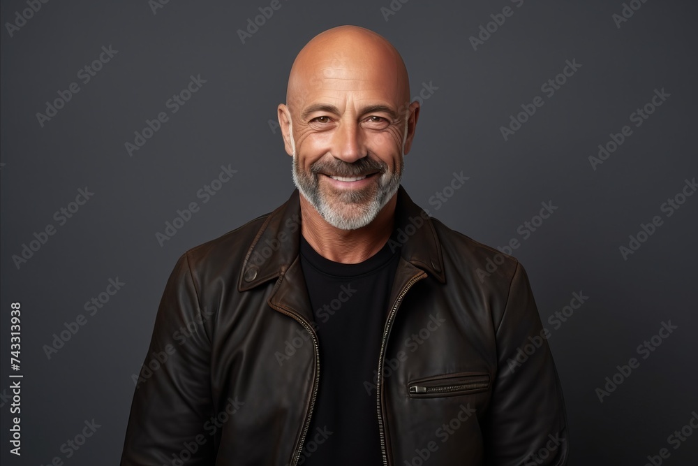 Portrait of a smiling mature man in a leather jacket against a grey background