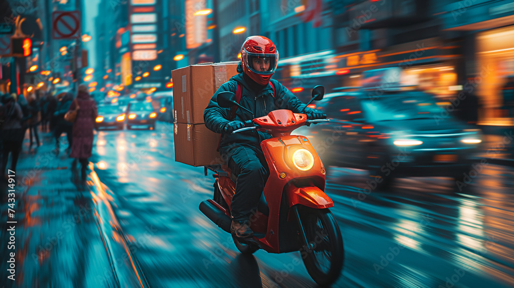 a motor courier riding a motorcycle through to his target - obrazy, fototapety, plakaty 