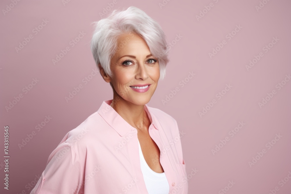 Portrait of a beautiful senior woman with white hair on a pink background Portrait of a beautiful senior woman with white hair on a pink background