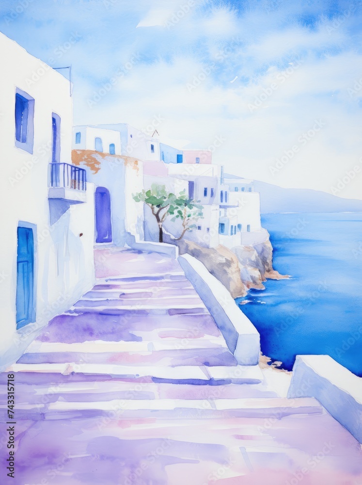 A painting depicting a street stretching towards the vastness of the ocean, capturing the scenic transition from urban to coastal landscape.