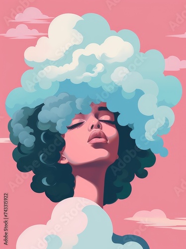 A painting featuring a woman with clouds on her head  creating a surreal and dreamlike image of a figure fused with the sky.