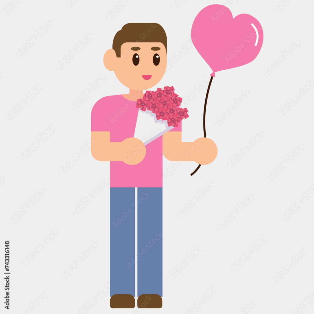 Illustration vector graphic design of a man giving flowers and heart baloon. Can be used for valentine event illustration, date and love picture, gift decoration, sticker, etc. Illustration vector graphic design of a man giving flowers and heart baloon. Can be used for valentine event illustration, date and love picture, gift decoration, sticker, etc.