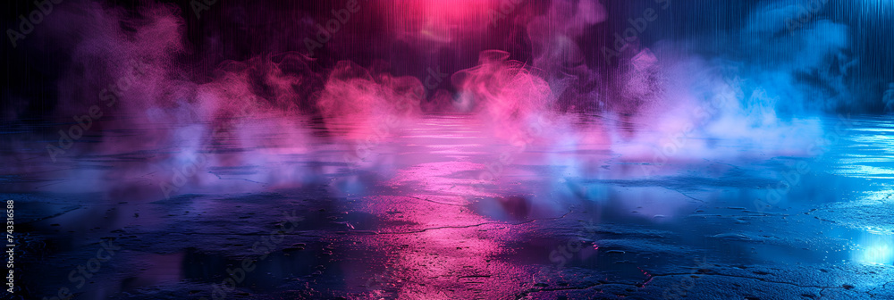    Dark street with neon pink purple and blue sports light on winter smoke road background  