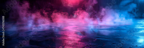  Dark street with neon pink purple and blue sports light on winter smoke road background 