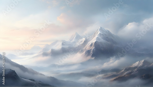 Majestic view of the mountains in the early morning. Mist is swirling around the slopes, mysterious atmosphere. Simple and elegant style, with soft colors and shapes.