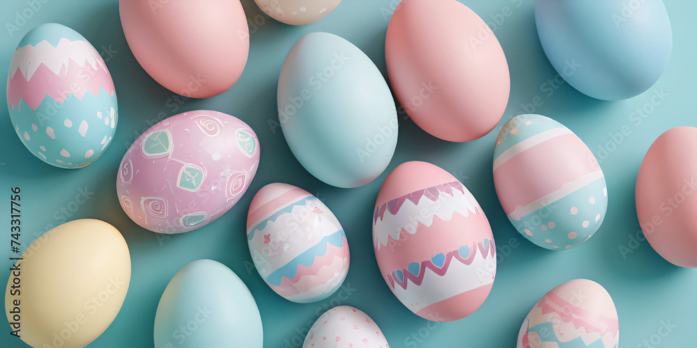Bright colorful Easter eggs with ornaments and patterns on a light green background. Happy Easter concept. Simple spring template, greeting card, banner. Top view, flat layer with copy space.