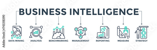 Business intelligence banner web icon concept with icons of data mining, analysis, benchmarking, management, reporting, measure, and strategy.  Vector illustration 