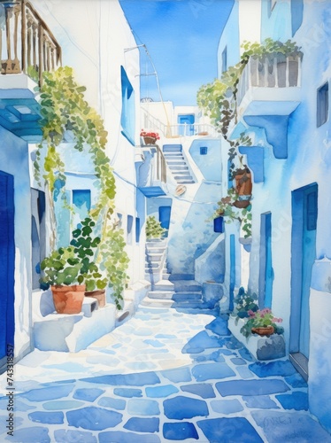 A painting featuring a narrow street lined with vibrant blue buildings. The architecture of the buildings and the narrowness of the street are prominently displayed.