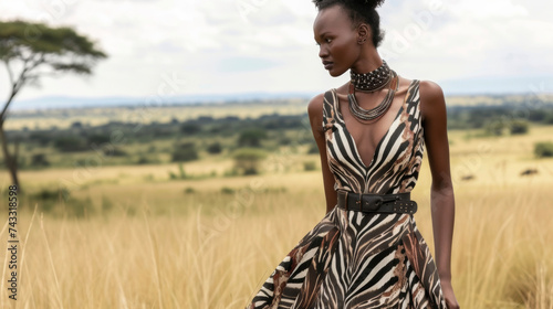 A flowy maxi dress in a zebra print cinched at the waist with a leather belt and accessorized with a beaded necklace for a safari chic ensemble.