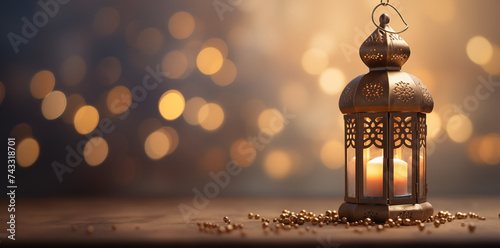 Islamic lantern with sparkling light background with Ramadan feel. Concept of the holy month of Ramadan and Islamic Eid Al-Fitr Celebration photo