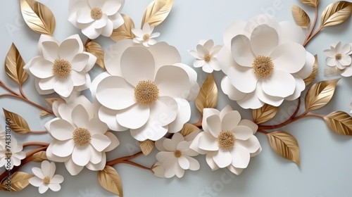 Paper flowers and golden leaves abstract background with white floral botanical wallpaper 3d render