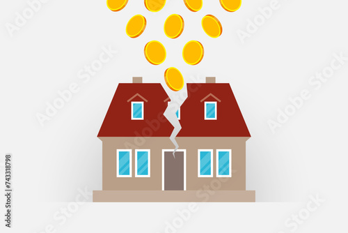 House icon with crack and gold coins