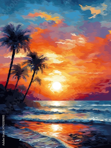 A painting depicting a stunning sunset on a beach, with vibrant colors blending in the sky, reflecting on the waves, and highlighting the silhouettes of swaying palm trees.