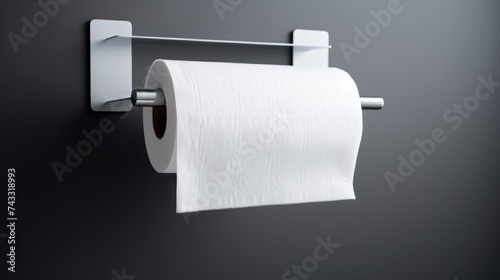 Toilet paper roll hang neatly on a modern chrome holder on a light gray bathroom wall