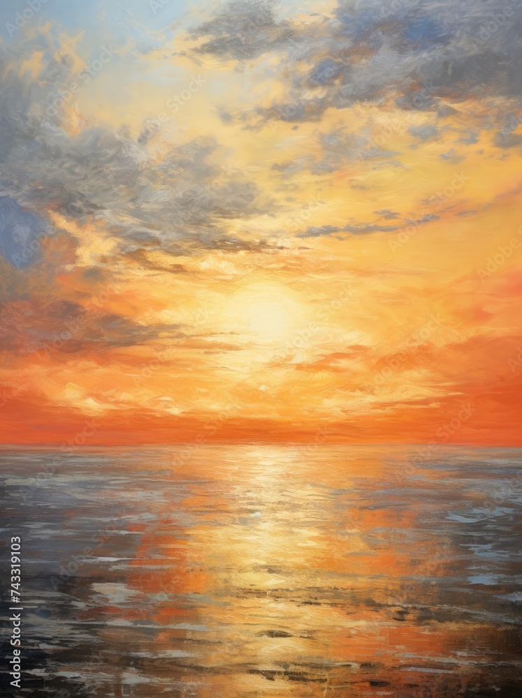 A painting depicting a vibrant sunset casting warm hues over the ocean, with the sun dipping below the horizon and reflecting on the water.