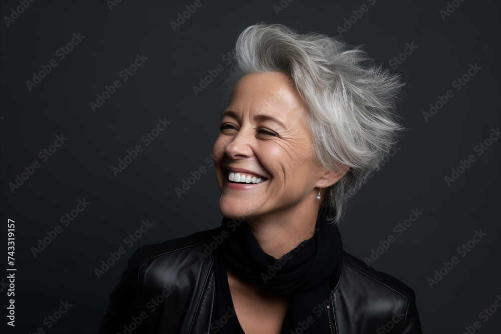 Portrait of a happy senior woman in leather jacket on dark background Portrait of a happy senior woman in leather jacket on dark background