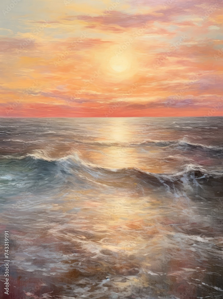 Obraz premium A painting depicting a vivid sunset casting warm hues over the ocean, with the sun dipping below the horizon and reflecting on the water.