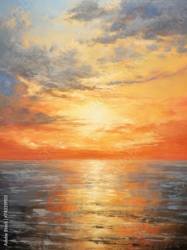 A painting depicting a vibrant sunset casting warm hues over the ocean  with the sun dipping below the horizon and reflecting on the water.