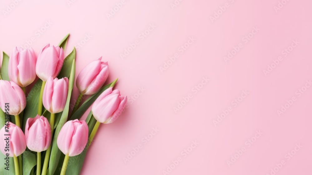 Pink tulip flowers on pink background with copy space