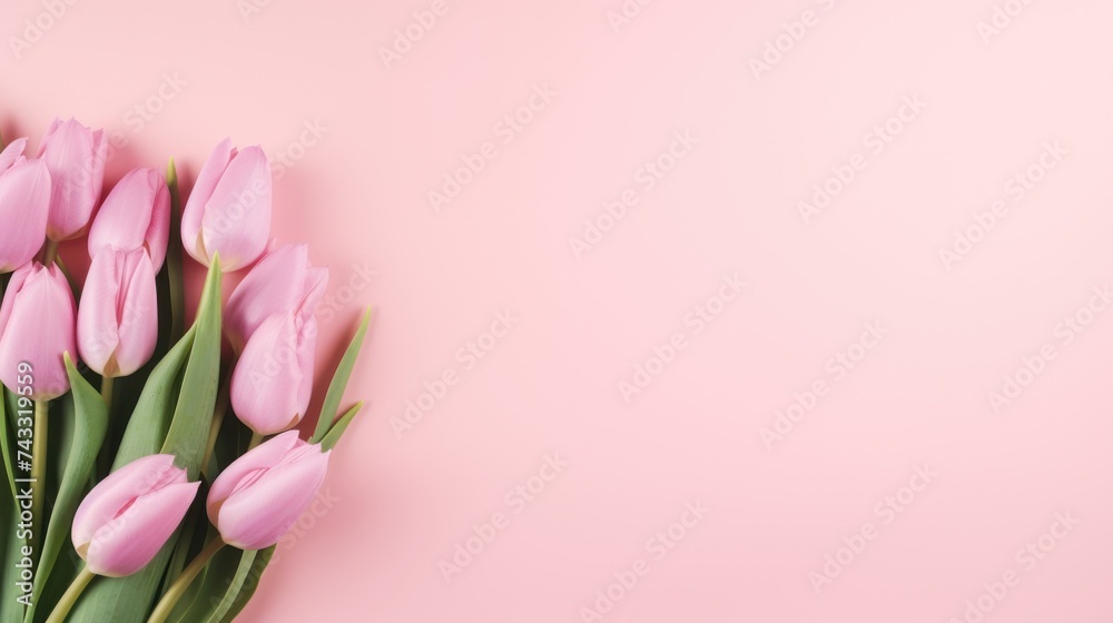 Pink tulip flowers on pink background with copy space Pink tulip flowers on pink background with copy space