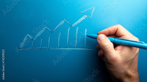 A businessman draws a growth graph and progress of business while analyzing financial and investment data business planning and strategy on blue background. businessman analyzes profitability working