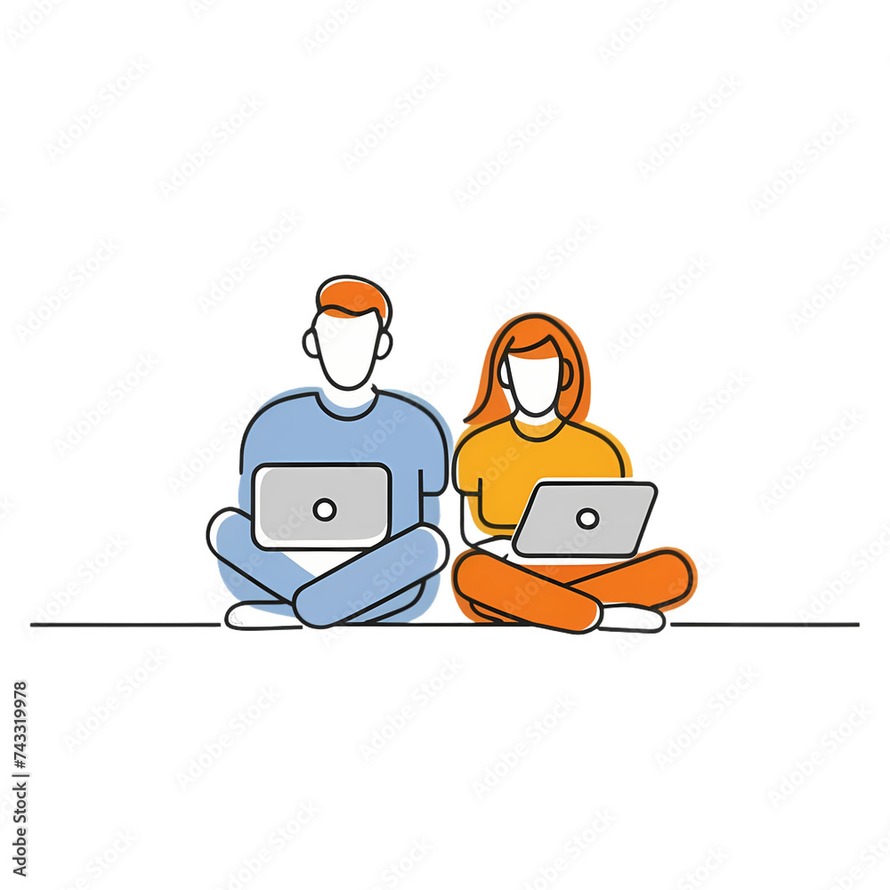 minimalist line art drawing colored man and woman sitting on the ground with laptops, back to back. Transparent background.