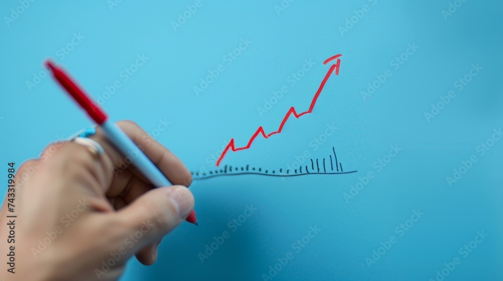 A businessman draws a growth graph and progress of business while analyzing financial and investment data business planning and strategy on blue background. businessman analyzes profitability working A businessman draws a growth graph and progress of business while analyzing financial and investment data business planning and strategy on blue background. businessman analyzes profitability working