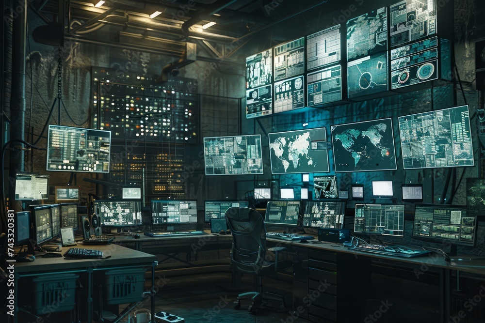 A control room filled with screens showing graphical data, maps, and texts, with ambient lighting and no visible people. A control room filled with screens showing graphical data, maps, and texts, with ambient lighting and no visible people.