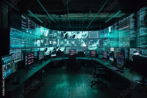 A control room filled with screens showing graphical data  maps  and texts  with ambient lighting and no visible people.