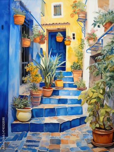 A painting featuring a blue door with steps leading up to it, surrounded by various potted plants and greenery. © pham
