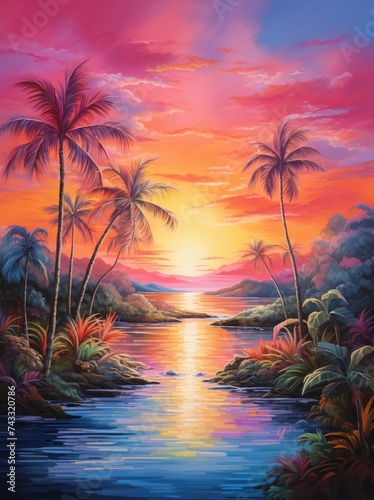 A painting depicting a vibrant tropical sunset with towering palm trees silhouetted against the colorful sky.