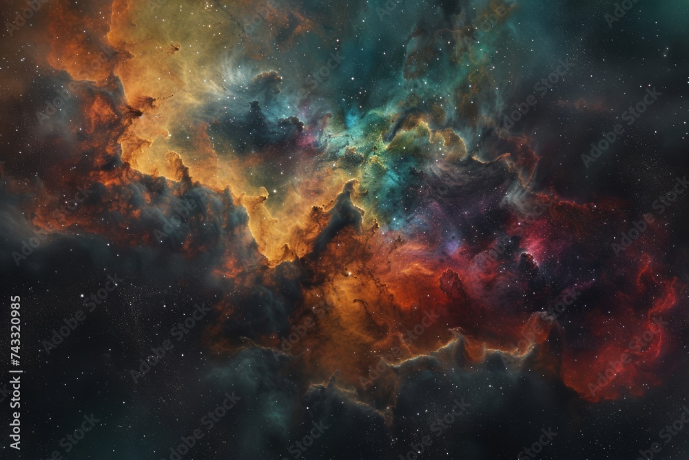A vivid and fantastical depiction of a nebula with bright colors and dynamic cloud formations against a starry sky.