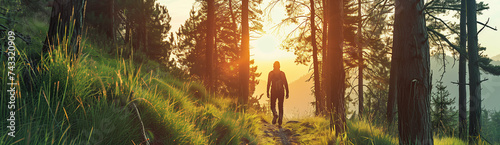 a man trail hiking in the forest at sunset © powerstock
