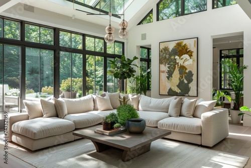 A modern  well-lit living room with large windows  comfortable furniture  and an abundance of greenery.